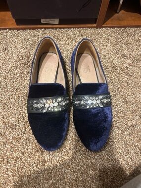 Yosi Samra Navy Velvet Jeweled Loafers